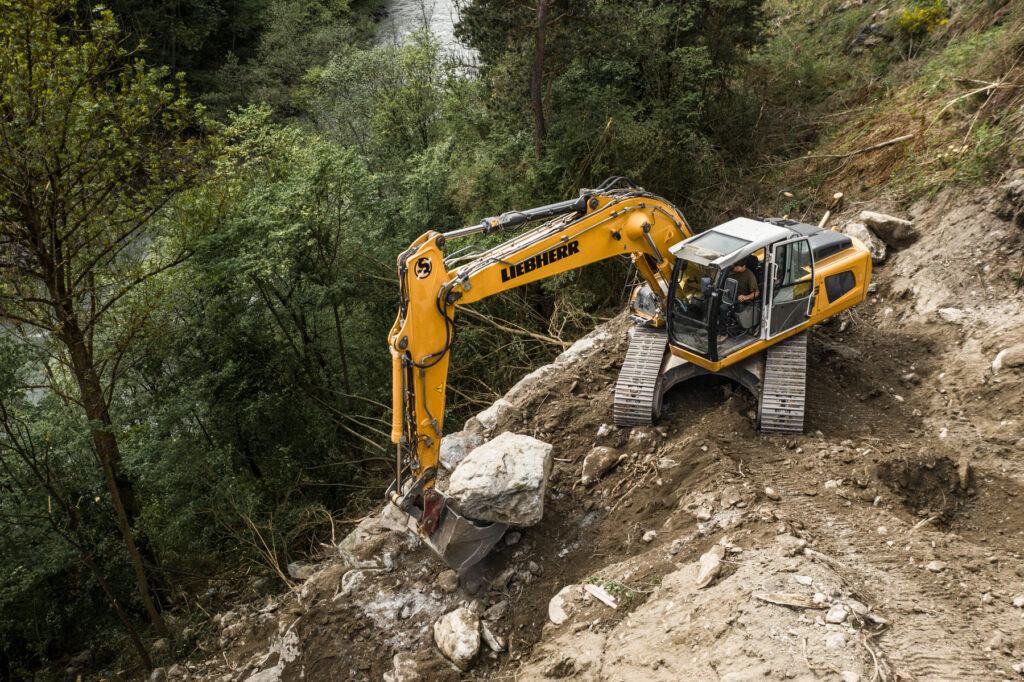 Bagger im Wald bewegt Erdmaterial